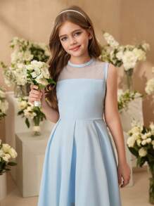 SHEIN Tween Girl Elegant Solid Color Mesh Panel Asymmetric Hem Dress - Baby Blue - View 5