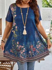 EMERY ROSE Blusa casual con cuello redondo y manga corta, con estampado floral, para uso diario, atuendos de verano para mujer/verano, ropa de mujer para vacaciones tropicales
