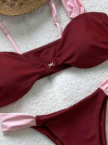 Swim Vcay 2pcs/Set Atasan Tanpa Tali Warna Polos dengan Hiasan Mutiara & Celana Pendek Renang untuk Wanita, Pakaian Renang Liburan Pantai Musim Panas - MultiWarna - View 4