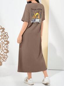 Mulvari 女士字母与仙人掌印花圆领落肩短袖休闲 T 恤连衣裙 - 咖啡 - 查看 2