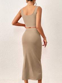 RosyDaze 2pcs Women Summer Casual Solid Color Cropped Tank Top And Split Hem Mini Skirt Set - Mocha Brown - View 2