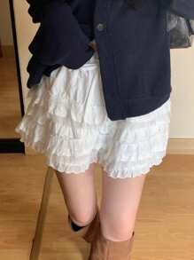 DAZY Women Lace Patchwork Short Elegant Shorts, White, All Season,Skorts Fall