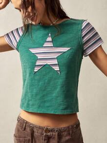 Bohemela BOHO Fitted Women's T-Shirt With Solid Color Knit Round Neck, Patchwork Star Print, Short Sleeve, Rustic Style