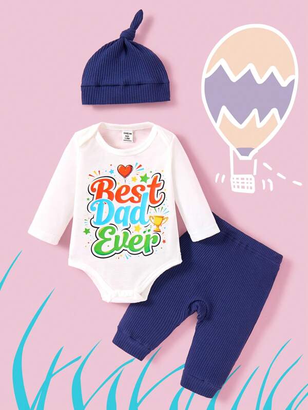 SHEIN 3pcs/Set Newborn Unisex Cute Graphic Print Long Sleeve Romper, Pants & Hat Outfit Suit, Casual Daily Comfy Outfit, Suitable For Spring/Summer/Autumn, Perfect For Father's Day And Photography