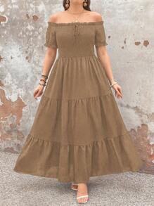 SHEIN Clasi Elegant Commuter Vintage Simple Casual Women's Fashion Versatile Hit Item, Ruffle Edge Bowknot Knit Stretchy Waist Multi-Layer Dress Design Dress, Black, Plus Size - Brown - View 5