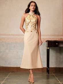 Anewsta Vestido ajustado de estilo retro hecho a mano para mujer - Caqui - Ver 2