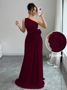 Rafferiza Vestido de mujer con escote asimétrico y bordado floral 3D