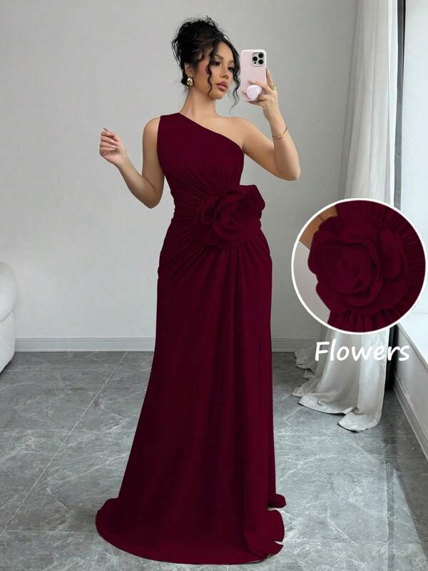Rafferiza Rochie cu gât asimetric cu ornamente florale 3D pentru femei