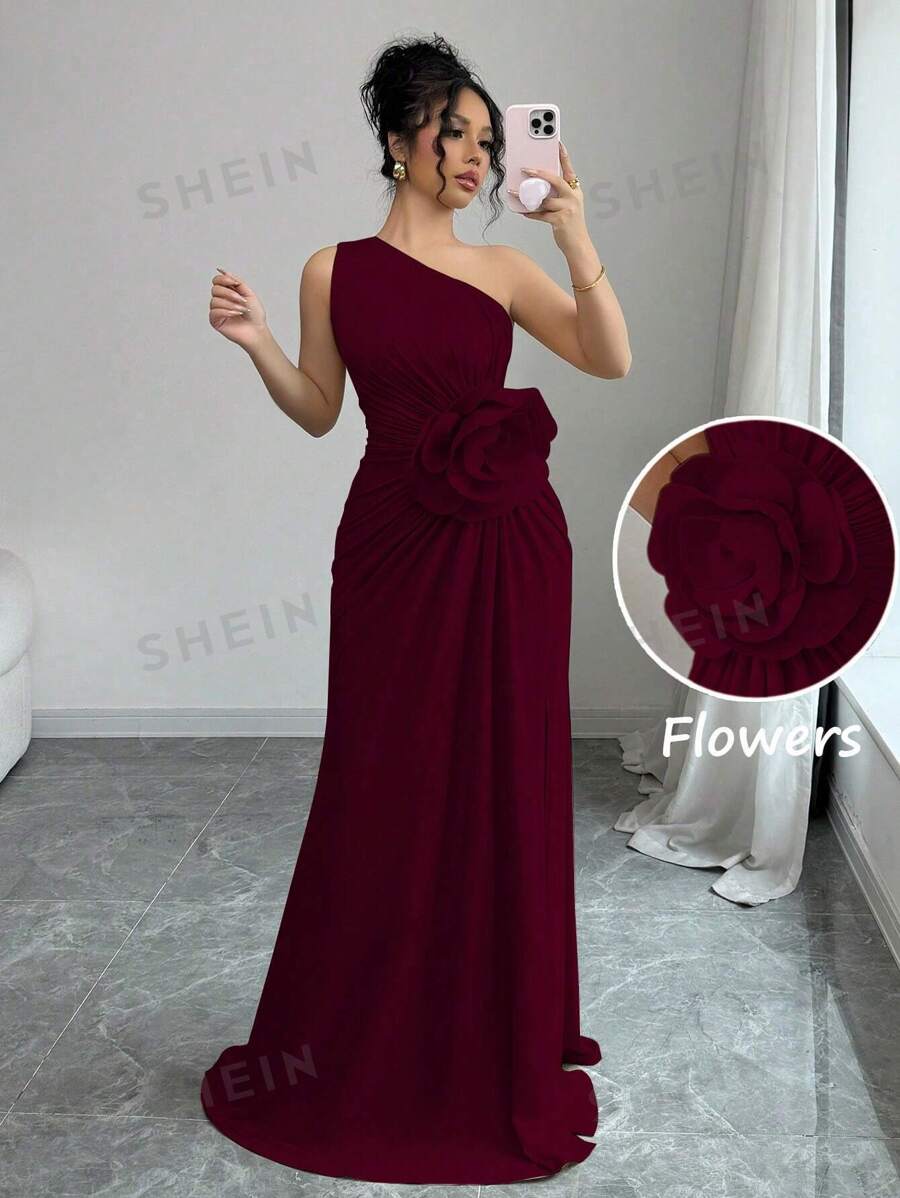 Rafferiza Vestido de mujer con escote asimétrico y bordado floral 3D