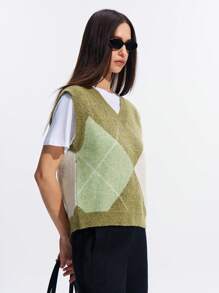 LYSMO Chaleco de punto con escote en V, casual, con patrón de diamantes estilo universitario para mujeres