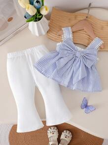 SHEIN 女婴 3D 蝴蝶结条纹吊带上衣和喇叭裤 2 件套。这款 3D 蝴蝶结和竖条纹吊带上衣修饰身材，让女婴无论日常穿着还是派对场合都能扮成小公主。