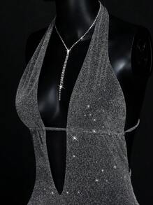 SHEIN ICON Silver Graduation Summer Party Backless Deep V Halter Back Cut-Out Metallic Ruffled Hem Mini Dress - Silver - View 15