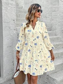 EMERY ROSE 女式花卉印花V领喇叭袖短款太阳裙 - 黃色 - 查看 7