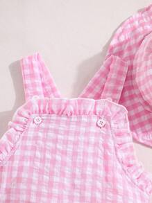 SHEIN Playful Pals Bộ đồ liền thân kẻ caro thường ngày cho bé gái, mùa hè - Hồng - Xem 6