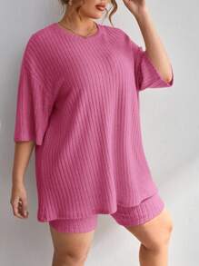 SHEIN Essnce 2pcs/Set Plus Size Casual Solid Color Drop Shoulder T-Shirt And Shorts, Summer - Hot Pink - View 4