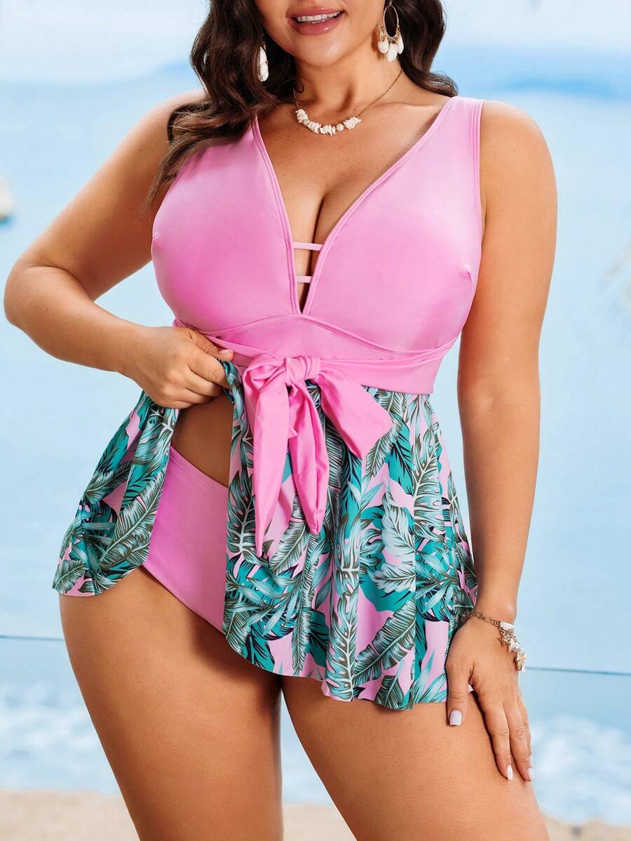 Swim Lushoire 2pcs/Set Plus Size Women Random Floral Print Sleeveless Ruched Waist A-Line Loose Beach Dress & Swimsuit Set For Summer Beach Vacation - Pink - View 1
