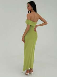 Aloruh Elegant Off Shoulder Twisted Waist Decor High Slit Bodycon Dress - Olive Green - View 2