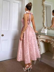 Glamine Charm 春夏田园公主风缎面提花腰网纱裙撑挂脖女式中长连衣裙 - 淺粉色 - 查看 2