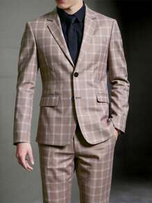 Manfinity Mode Men's Plaid Long Sleeve Jacket And Pants Suit Set - Camel - View 1