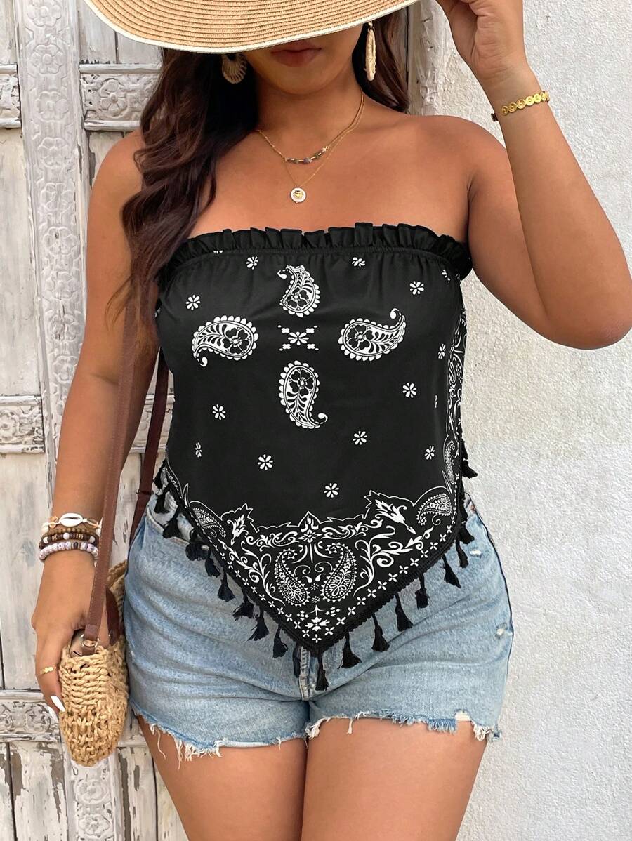 SHEIN VCAY Top court grande taille, base noire avec imprimé floral blanc, pour femmes - Multicolore - Voir 1