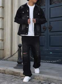 GALLERY FADE Men's Long Sleeve Single Breasted Distressed Denim Jacket And Denim Black Jeans Suit Hang Out Going Out Commute Work Urban, Fall Clothes