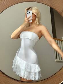 Sweetina Slim Fit Lace Ruffle Hem Mini Dress With Folding Collar - White - View 5