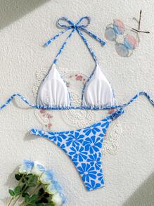 SHEIN Swim Women Random Flower Print Swimsuit Set, Vacation Beach For Summer - Blue and White - View 2