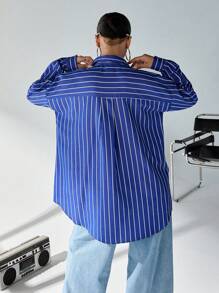 EURMUSE WOMAN BLUE AND WHITE LINED POPLIN BLOUSE - Navy Blue - View 2