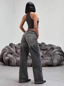 Jeans casual, diritti, con vita bassa, versatili, con tasche, in stile retrò, da donna