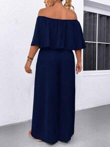 SHEIN LUNE Plus Size 2pcs Set Vacation Casual Solid Color Shoulder Top And Trousers - Navy Blue - View 2
