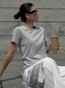 DAZY Women's Casual Versatile Solid Color Short Sleeve T-Shirt - Grey - View 6