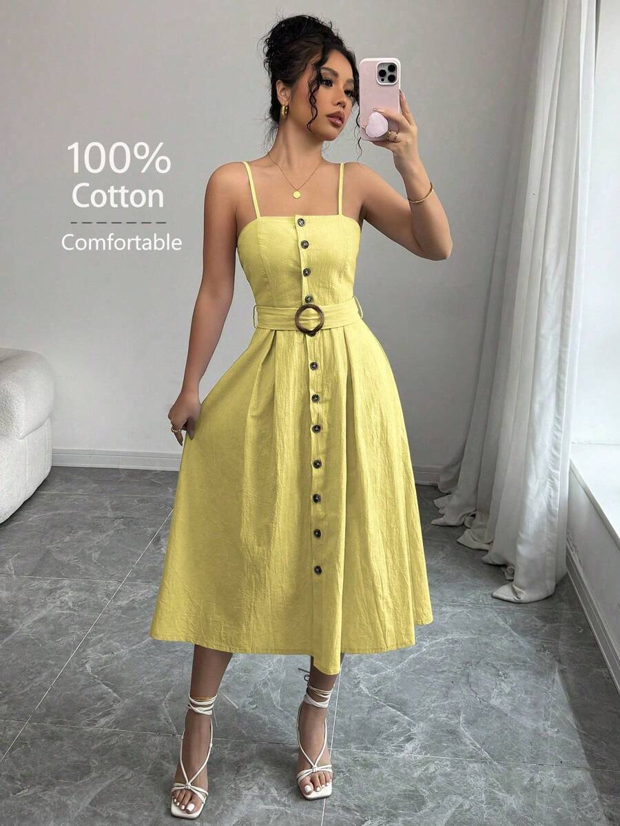 Chiquease Đầm Maxi Cami Thắt Lưng Cài Nút Phía Trước Trang Phục Cho Nữ