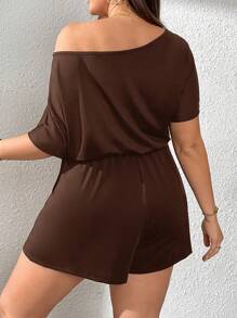SHEIN Essnce Plus Size Women's Romper, Summer Wear, Shorts, Cutie Off-The-Shoulder,Summer Outfits For Women Summer,Rave Outfits Festival,Summer Outfits For Women Vacation Outfits Woman Casual Jumpsuit For Women - Brown - View 2