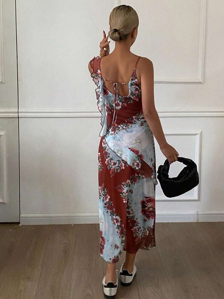 Ditsy Floral Ruffle Tie Strap Dress, Women Casual Holiday Long Dress Maxi Dress Boho Vacation Outfits Women