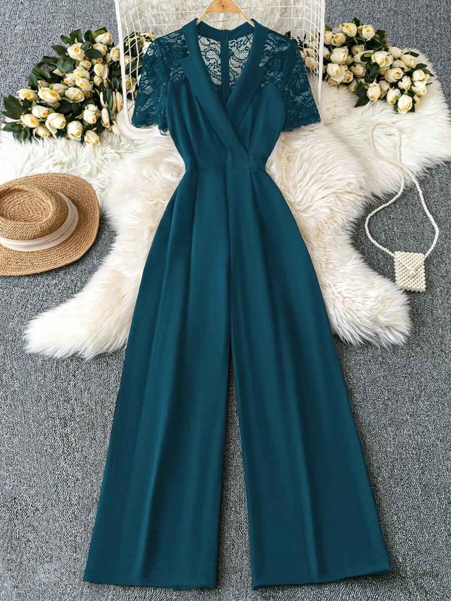SHEIN Clasi 女士通勤简约撞色蕾丝短袖连体裤 - 藍色 - 查看 1