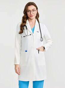 Scrubzie Plain Color Asymmetric Lapel Long Sleeve Single-Breasted Pocket Lab Coat / Scrub - White - View 3