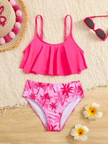 Tween Girl Vacation Beach Solid Color Spaghetti Strap Coconut Tree Print Bikini Swimsuit Set - Hot Pink - View 1