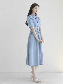 DAZY Women's Light Washed Denim Turndown Collar Waist Cinched Long Shirt Dress - Light Wash - View 4