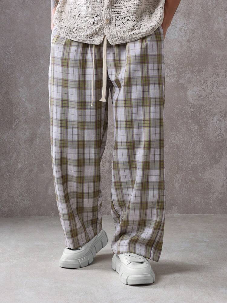 Check Plaid Wide Leg Drawstring Pants