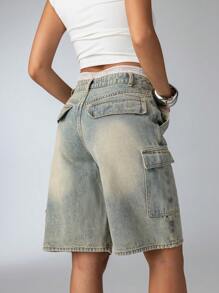Aloruh Women's Contrast Lace Cargo Pocket Loose Casual Denim Shorts
