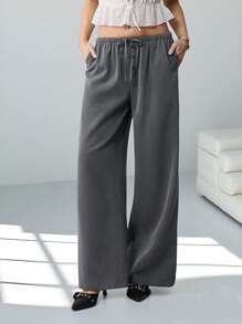 SHEIN EZwear Damen graue, lose, gerade geschnittene Hose aus Gewebe mit Taschen, Lässig-Stil - Grau - Übersicht 3