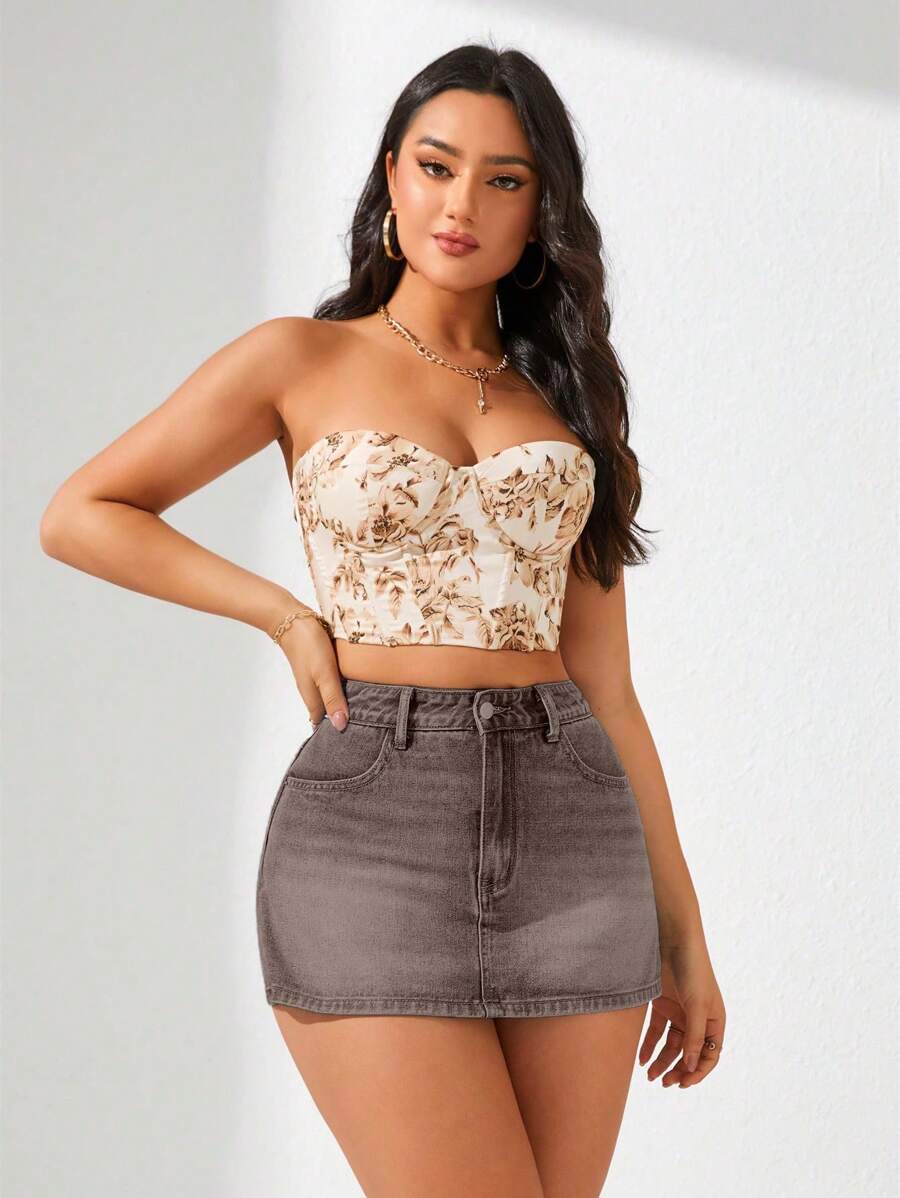 SHEIN Privé 女式休闲百搭牛仔短裙，带口袋 - 棕色 - 查看 1