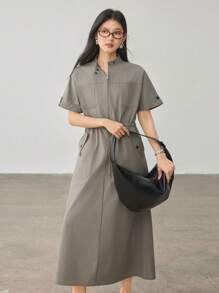 Dazy-Less Vestido sencillo y holgado de largo medio con bolsillo grande, cintura con cordón y estilo casual y elegante para mujeres como vestido de verano
