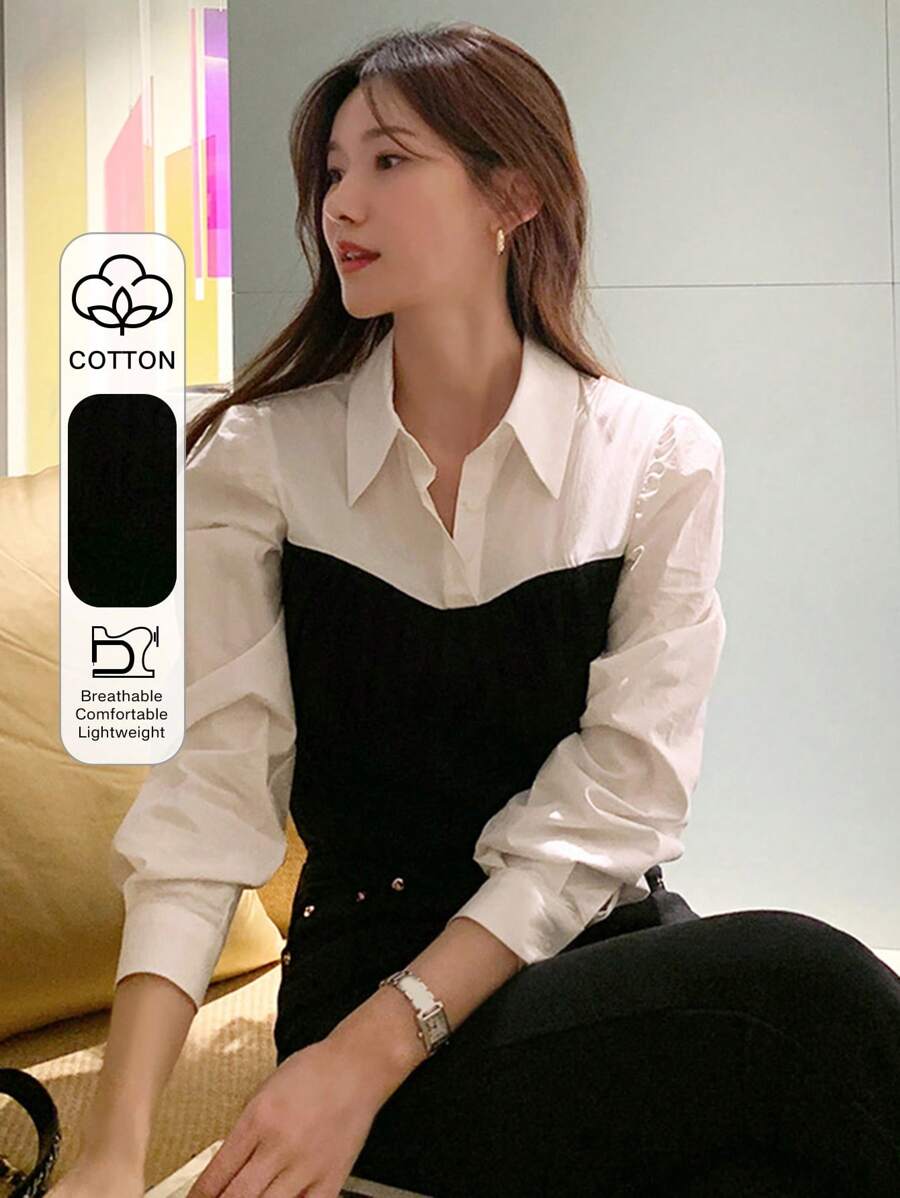 DAZY 撞色二合一泡泡袖衬衫，秋季长袖上衣 - 黑與白 - 查看 1