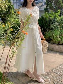 DAZY 2pcs/Set Women Lace Splicing Balloon Sleeve Two-Piece Outfits Summer - White - View 7