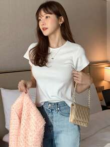 DAZY 女式圆领纯色基本款短袖 T 恤，白色，春夏，商务休闲女装 - 白色 - 查看 6