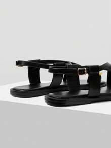 MOTF PREMIUM LADIES BLACK CASUAL FASHION COMMUTER & VACATION STYLE MINIMALIST CASUAL OPEN TOE CROSSING FLAT SANDALS SUMMER SHOES - Black - View 8