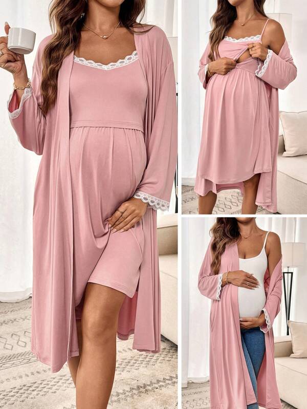 SHEIN Set 2 buc. sacou cu mânecă lungă și umeri căzuți din dantelă contrastantă și rochie de alăptare fără mâneci, pijamale pentru alăptare