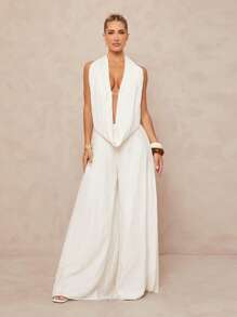 Lumalex 大码女式深V领露背连体裤，宽松阔腿 - 白色 - 查看 2