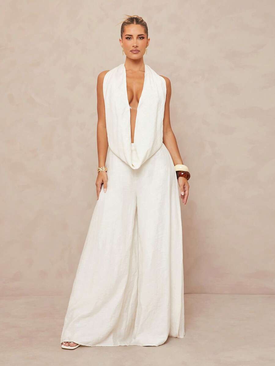 Lumalex 大码女式深V领露背连体裤，宽松阔腿